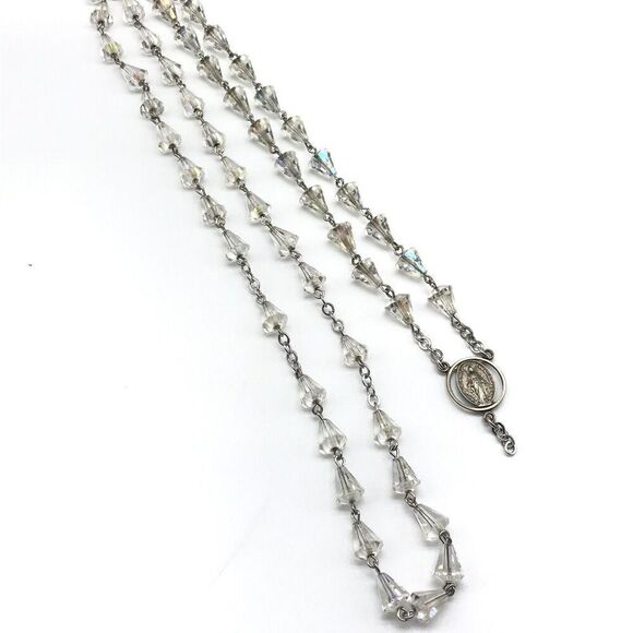 AFCO Vintage 925 Sterling Silver AB Crystal Religious Rosary Beads Necklace - Picture 1 of 6